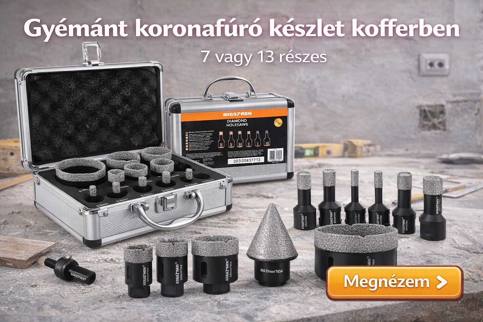 Újdonság: Gyémánt koronafúró készlet fém kofferben, 7 vagy 13 részes